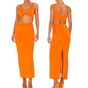 Revolve Superdown Joana Maxi Skirt Crop Top Tangerine Orange Beachy Party Set XS